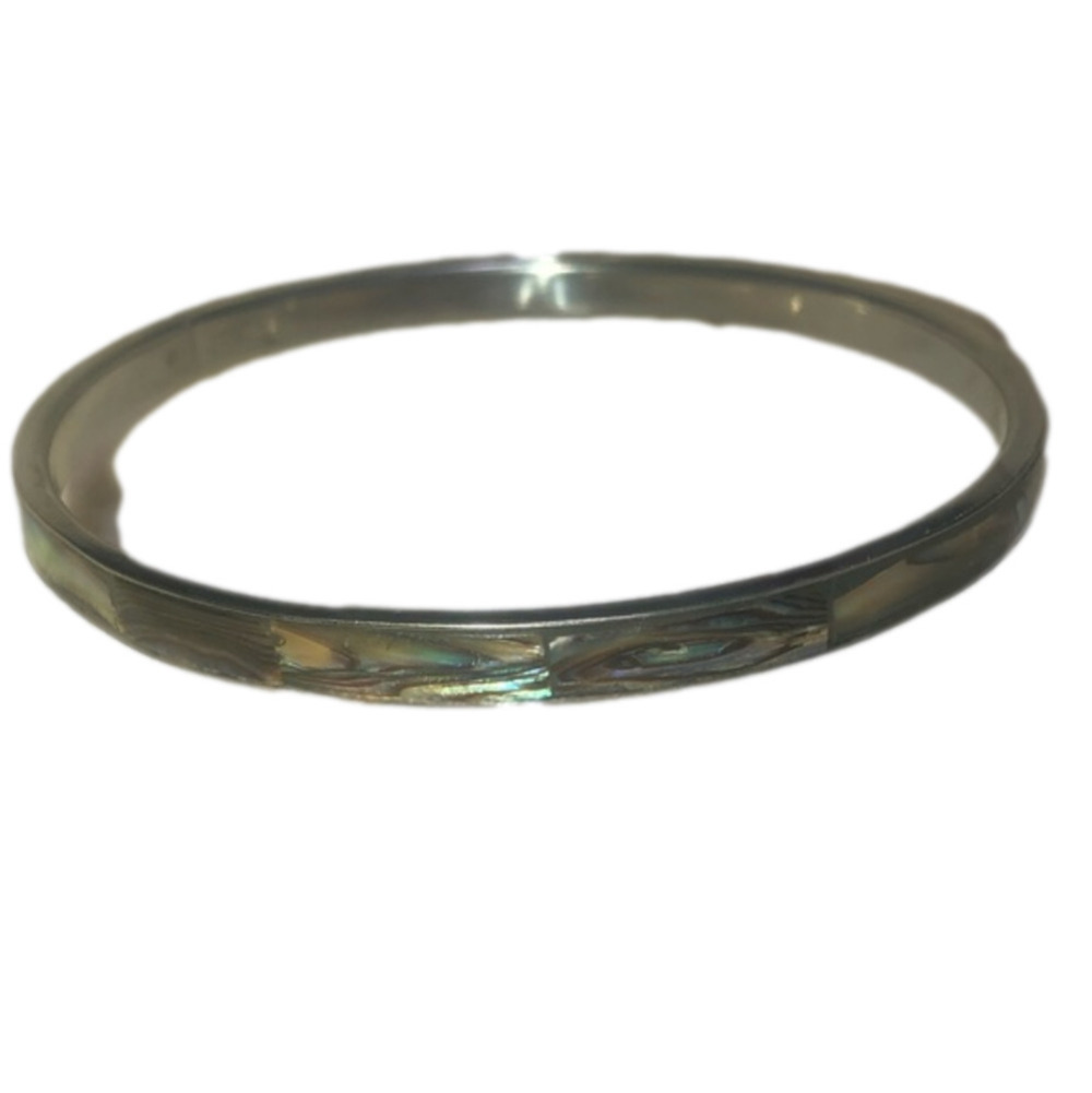 VTG Abalone Inlay & Silver Metal Bangle .2” Width 8” Inside